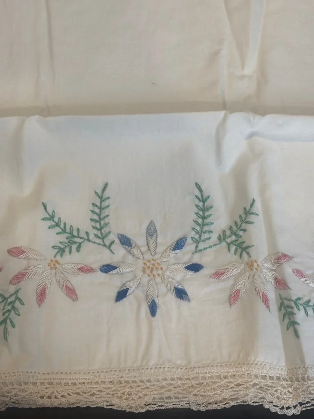 Vintage Hand Embroidered Floral Pillowcase - Crochet Lace Edge Pink Blue Flowers